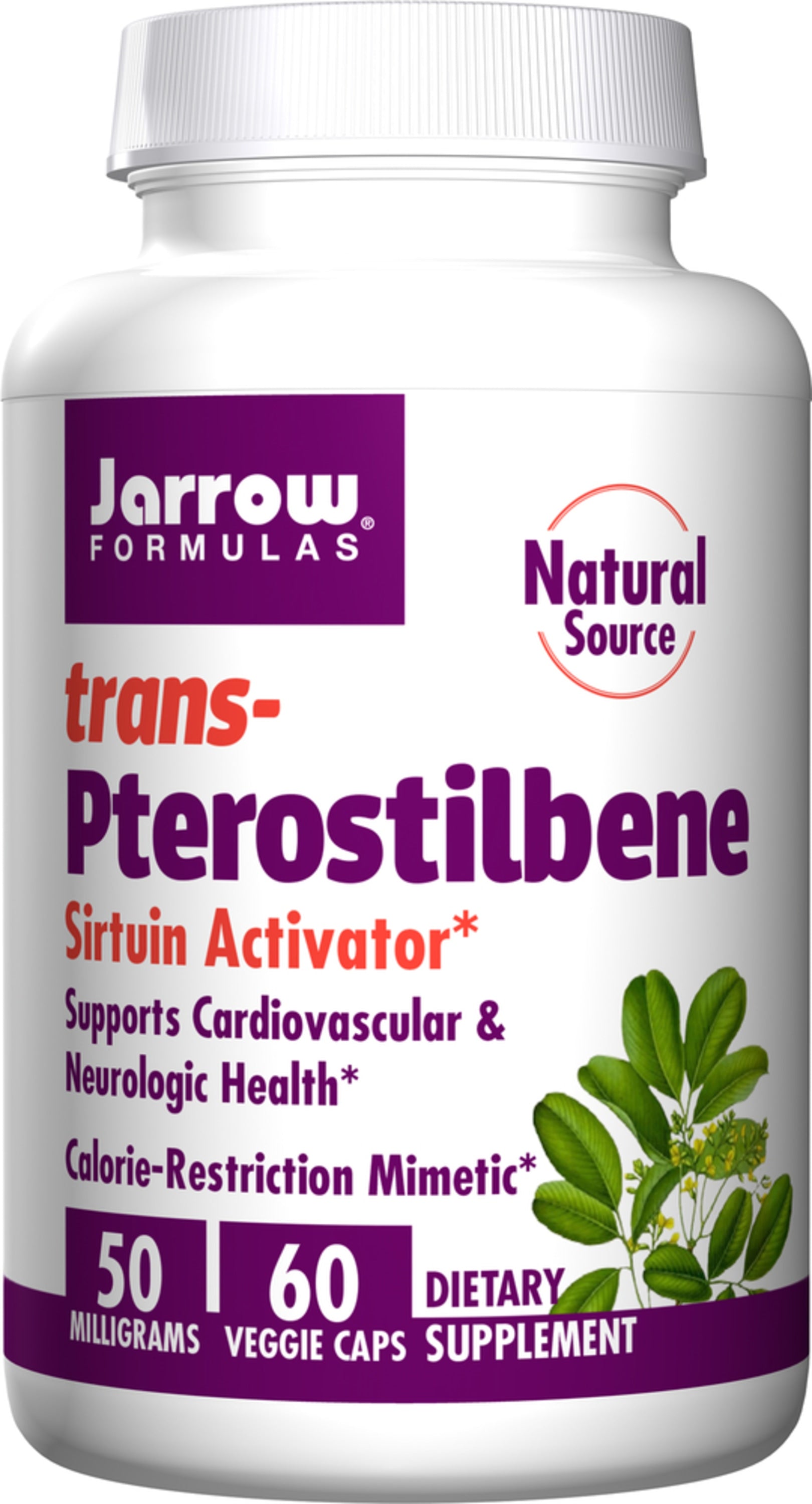 Jarrow trans-Pterostilbene dietary supplement with 50mg and 60 veggie capsules.