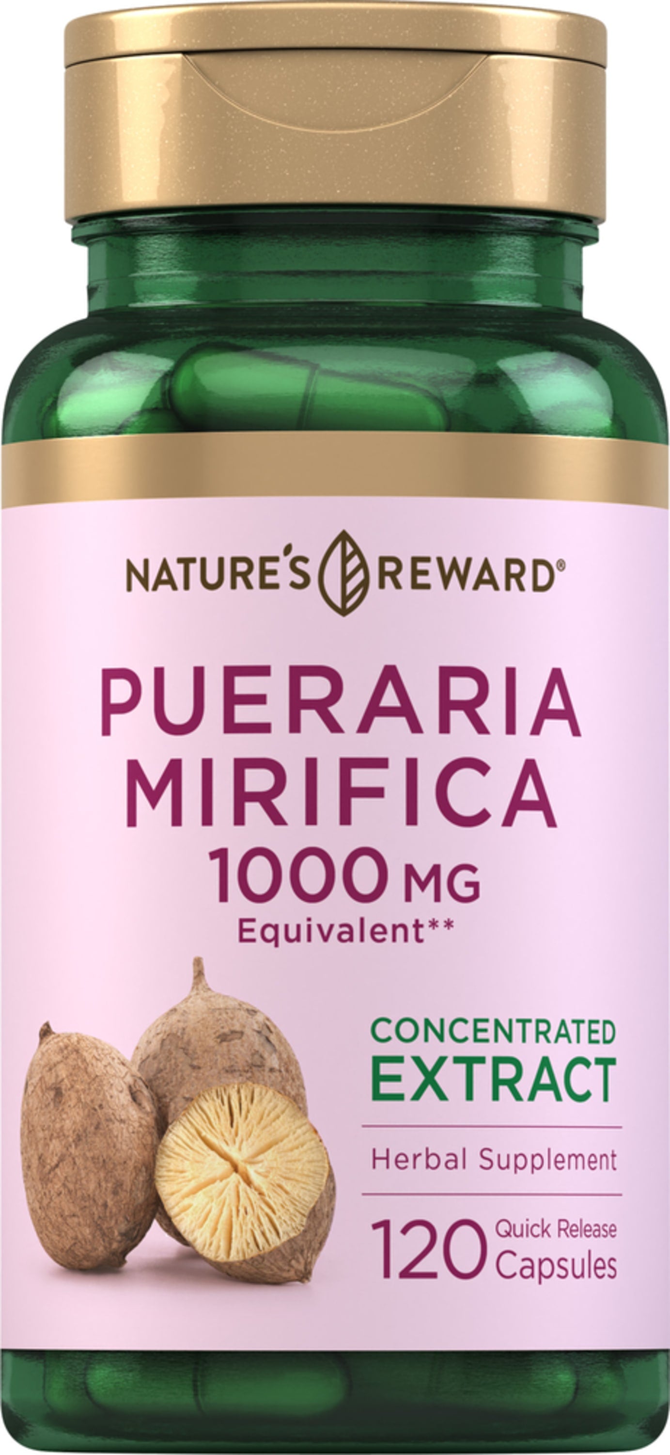 Herbal supplement of Pueraria Mirifica, 1000 mg equivalent, 120 quick release capsules, concentrated extract.