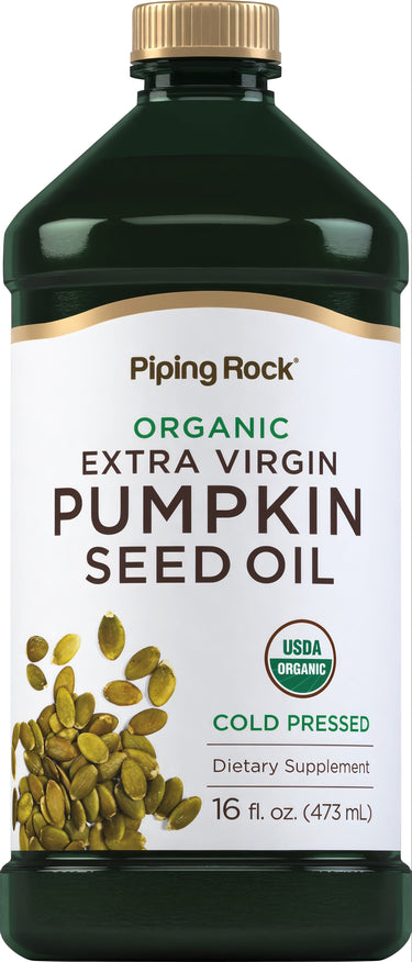 Organic Extra Virgin Pumpkin Seed Oil bottle, cold pressed, dietary supplement, 16 fl oz (473 mL).
