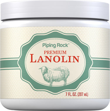 Jar of Premium Lanolin 7 FL. OZ. (207 mL) with a label showing an illustration of a sheep.