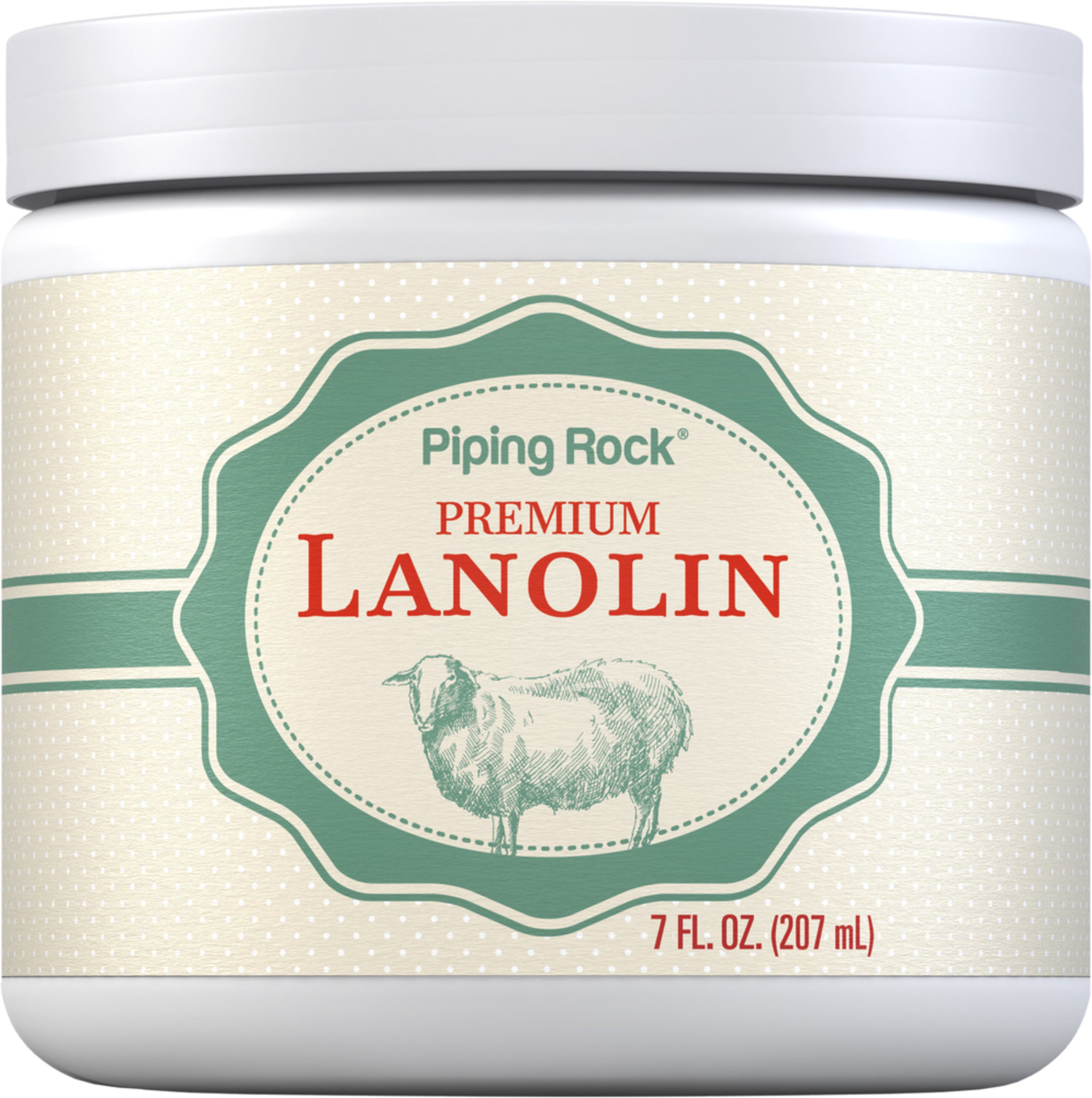 Jar of Premium Lanolin 7 FL. OZ. (207 mL) with a label showing an illustration of a sheep.