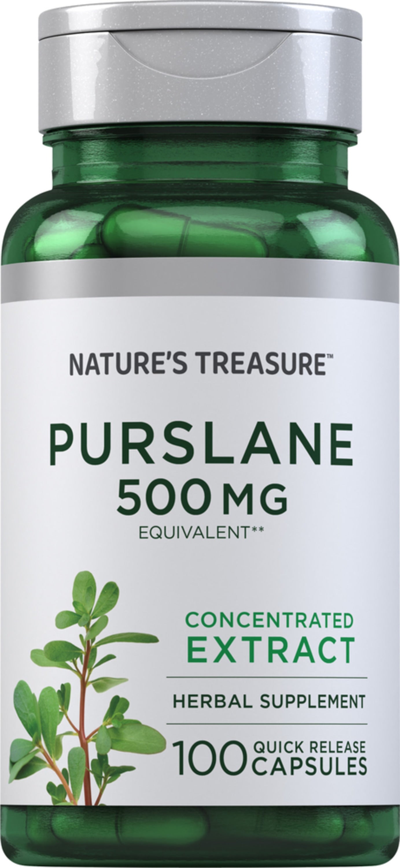Bottle of Purslane 500 mg, containing 100 quick release capsules, displayed on a plain background.