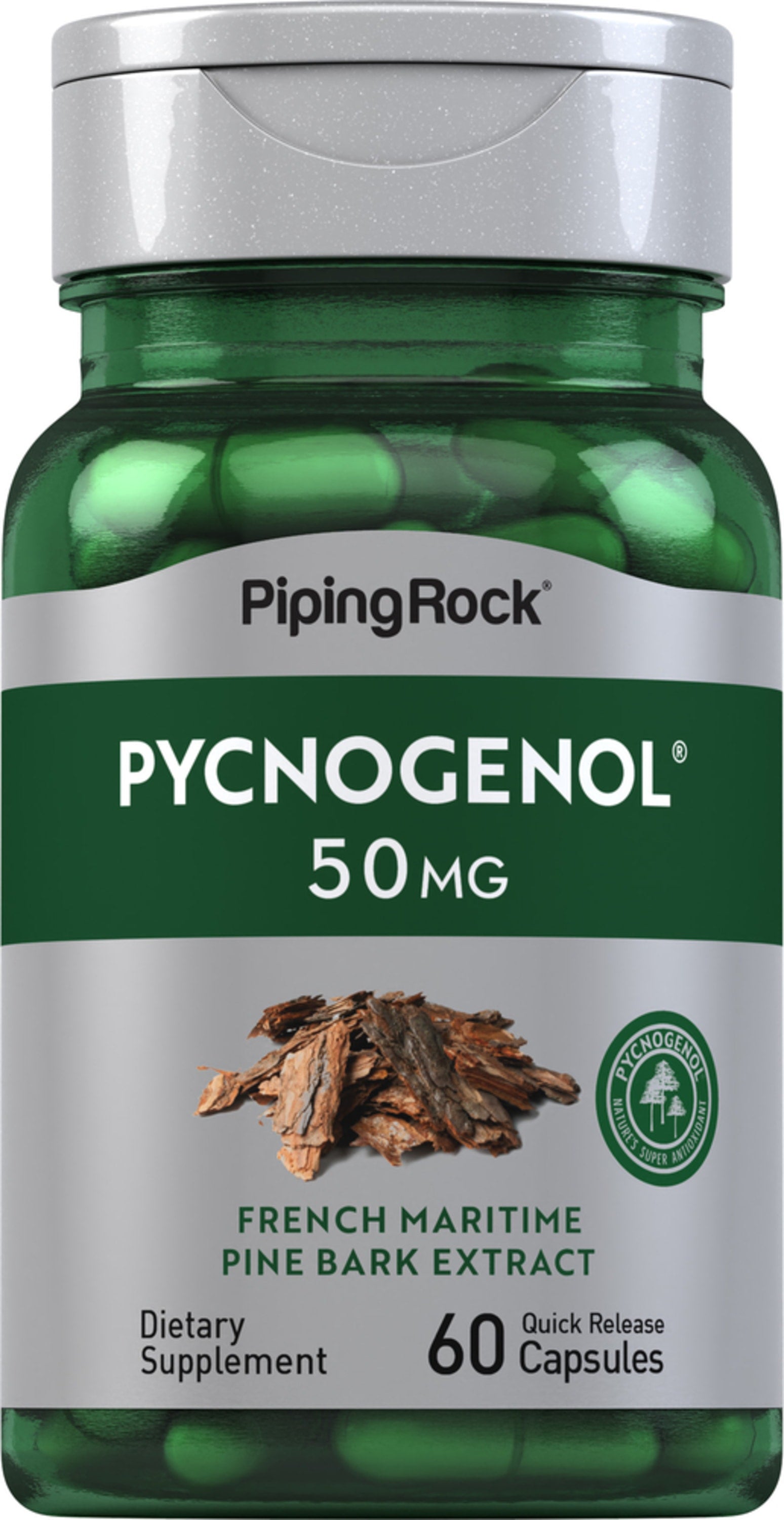 Pycnogenol 50 mg French Maritime Pine Bark Extract in 60 quick-release capsules, a dietary supplement.