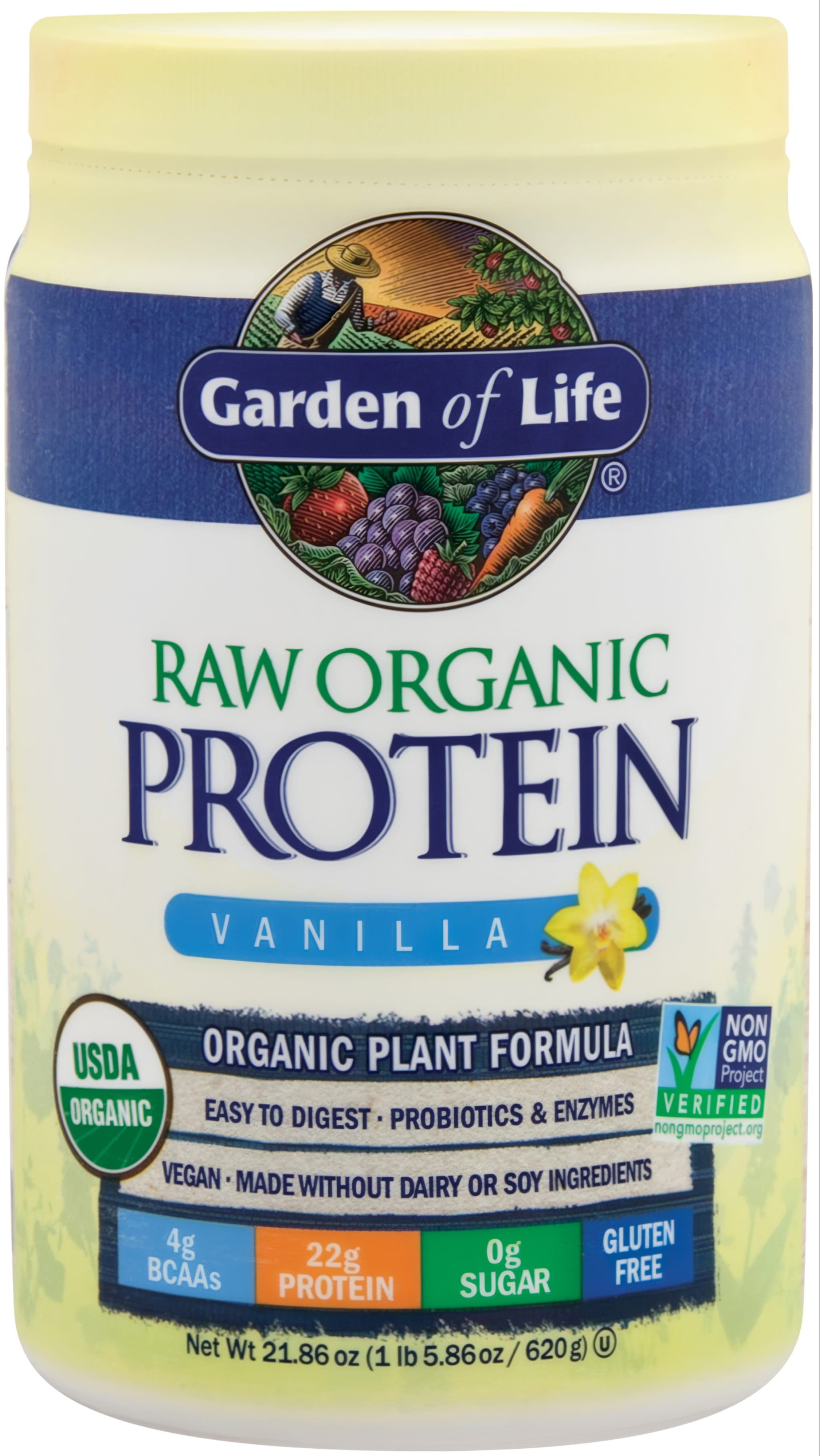 Garden of Life Raw Organic Plant Protein Vanilla powder jar, weighing 21.86 oz (620g).