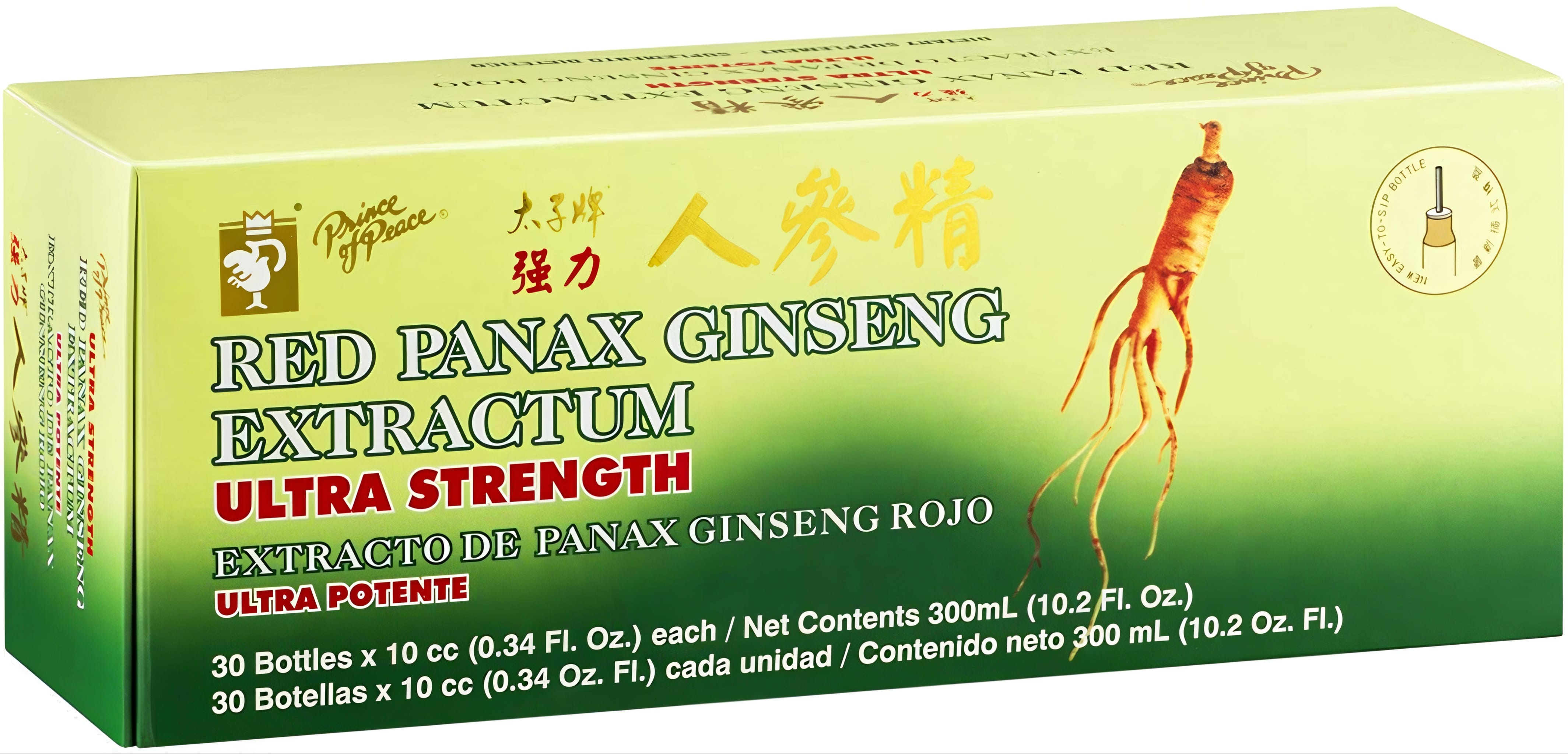 Prince of Peace Red Panax Ginseng Extractum Ultra Strength, 30 bottles, 10 cc (0.34 Fl. Oz.) each.