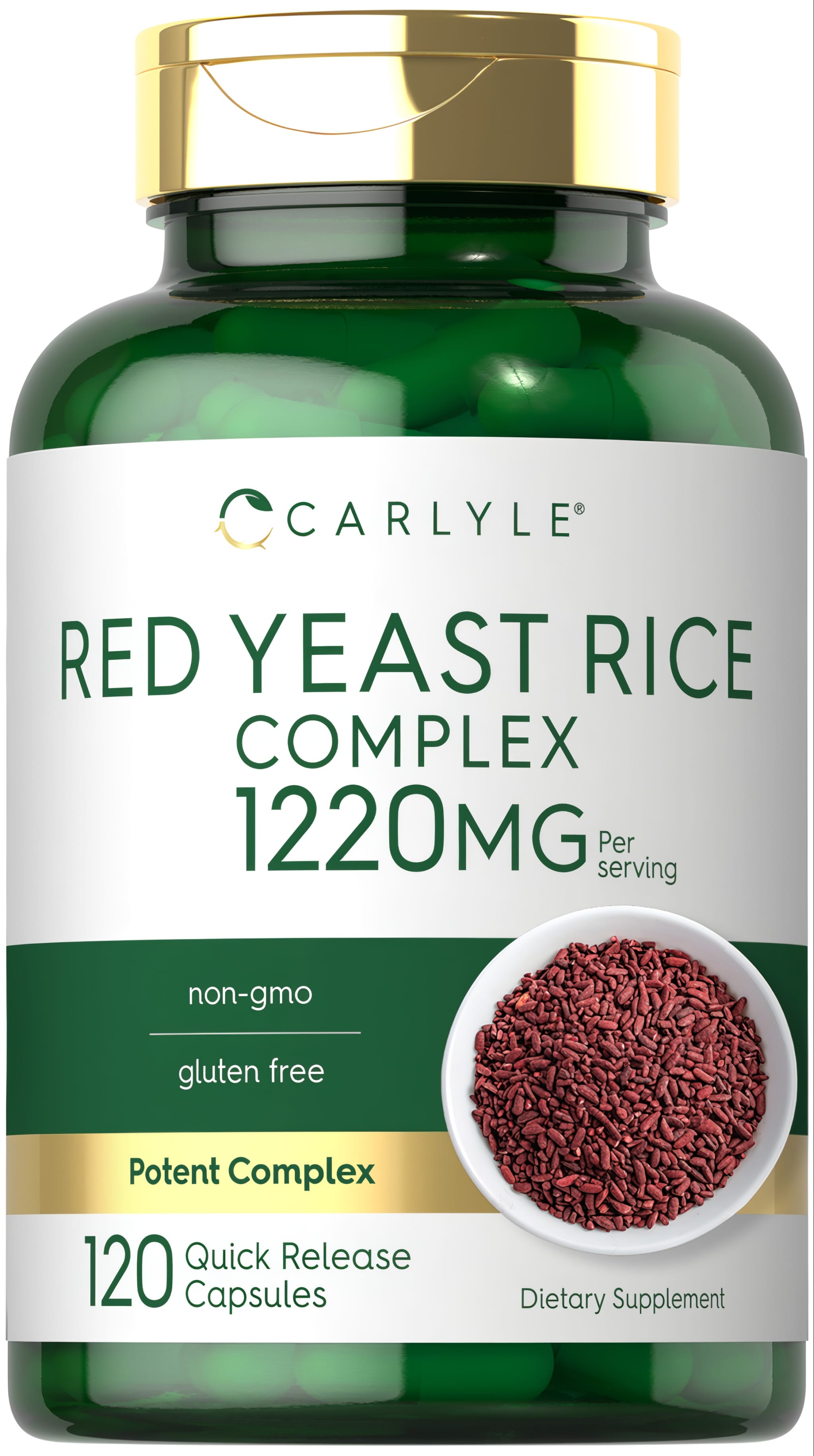 Carlyle Red Yeast Rice Complex 1220mg, available in 120 quick-release capsules.