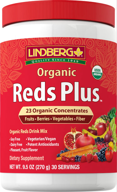 Lindberg Organic Reds Plus drink mix, USDA Organic, 9.5 oz, 30 servings, featuring 23 organic concentrates.