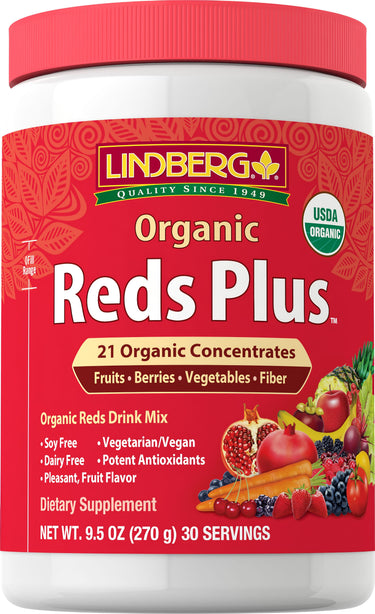 Lindberg Organic Reds Plus drink mix, 9.5 oz (270 g), offering 30 servings of nutrients in a flavorful powder.