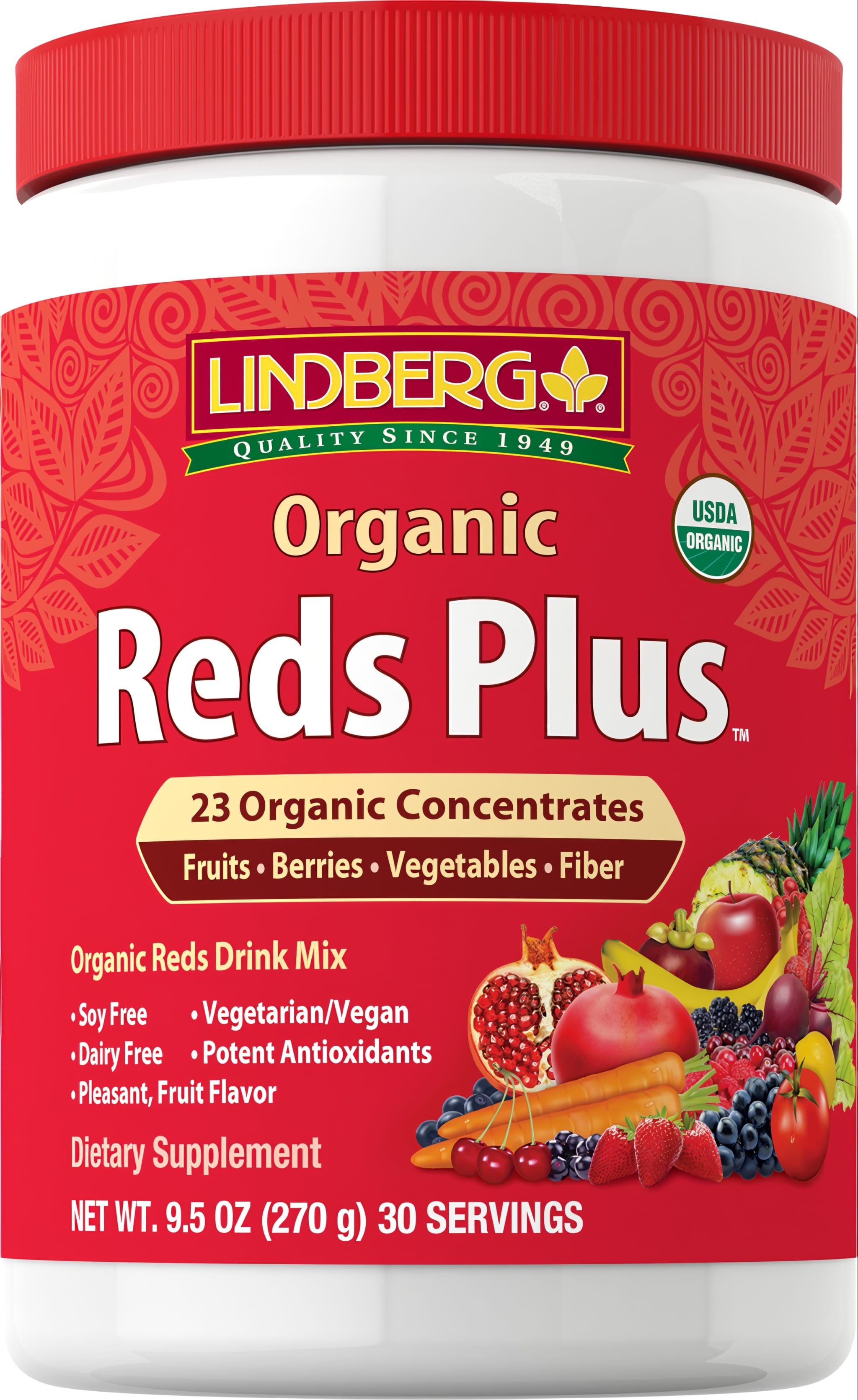 Lindberg Organic Reds Plus drink mix, USDA Organic, 9.5 oz, 30 servings, featuring 23 organic concentrates.