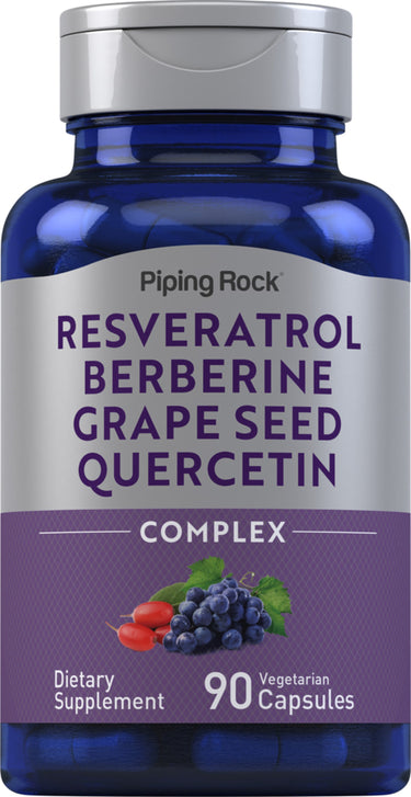 Dietary supplement bottle of Resveratrol Berberine Grape Seed Quercetin Complex, 90 vegetarian capsules.