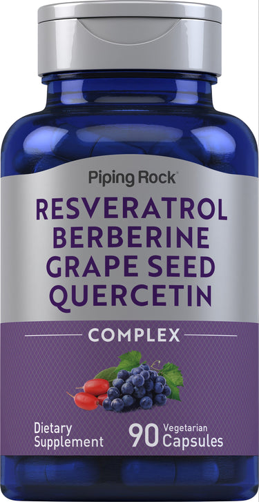 Resveratrol Berberine Grape Seed Quercetin Complex supplement, 90 vegetarian capsules in a bottle.