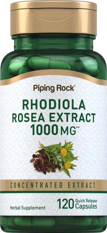 Rhodiola Rosea Extract 1000 MG herbal supplement, 120 quick-release capsules in a concentrated extract.