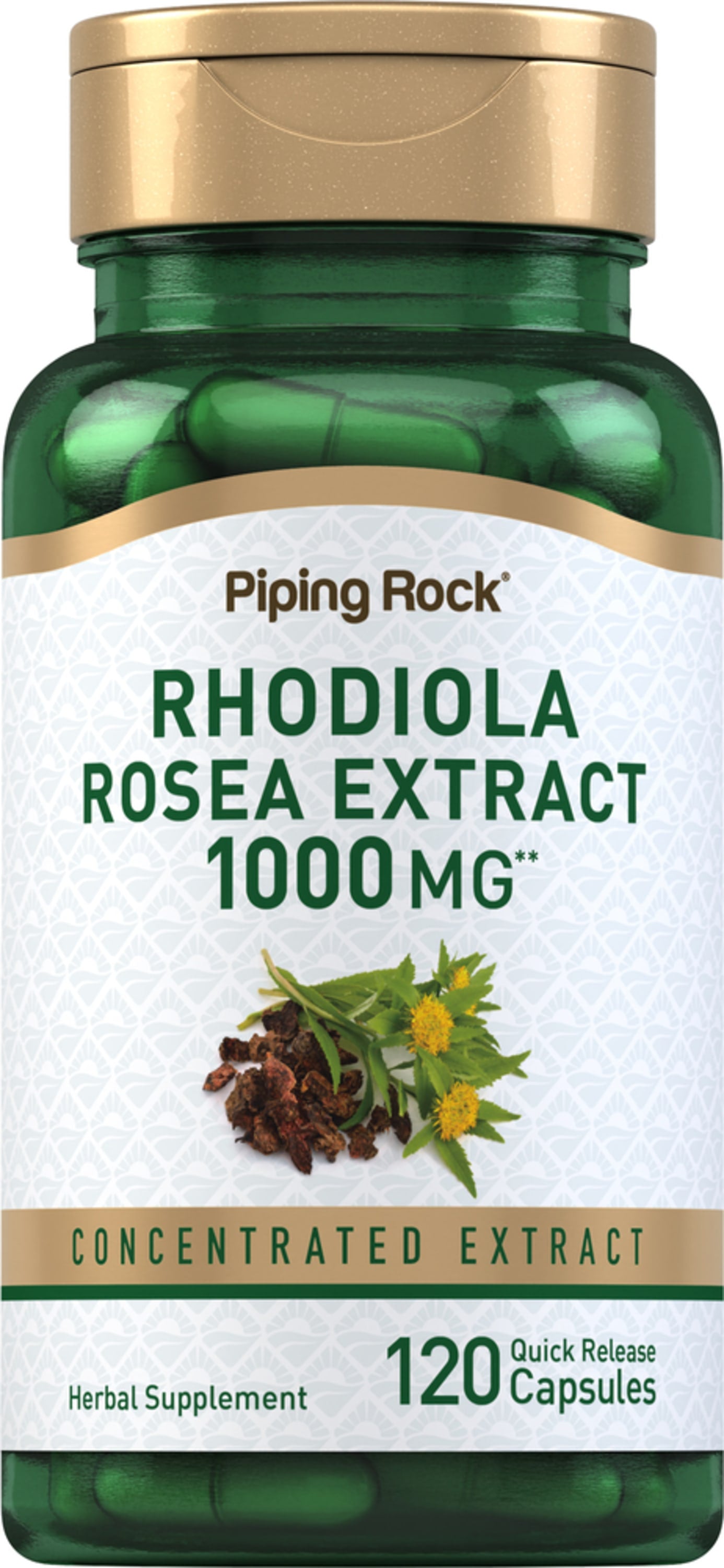 Rhodiola Rosea Extract 1000 MG herbal supplement, 120 quick-release capsules in a concentrated extract.