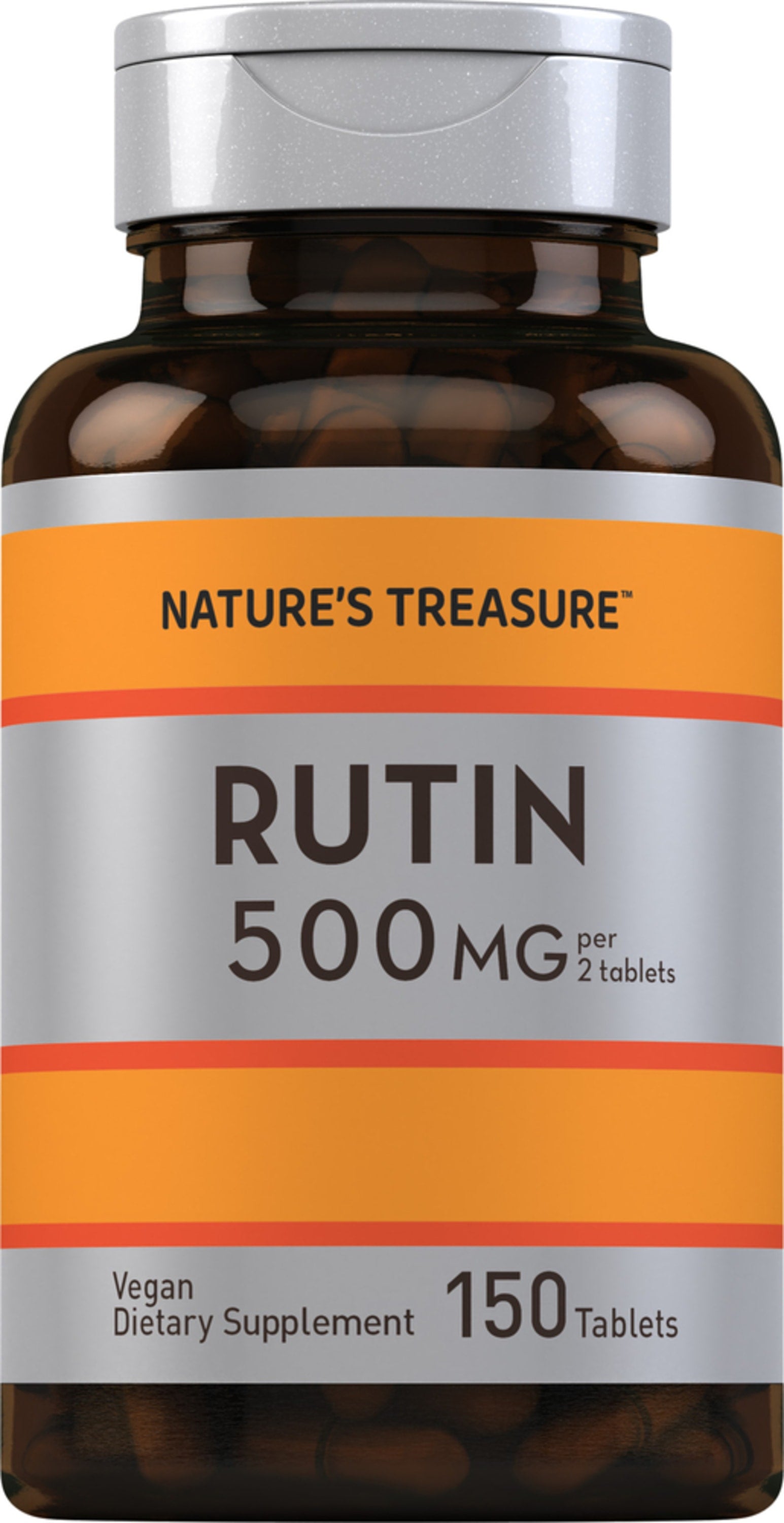 A bottle of Vegan Rutin Dietary Supplement with 500 mg per 2 tablets, containing 150 tablets.