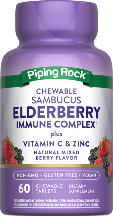 Elderberry Immune Complex plus Vitamin C & Zinc, 60 Chewable Tablets, Natural Mixed Berry Flavor. NON-GMO, Gluten Free, Vegan.