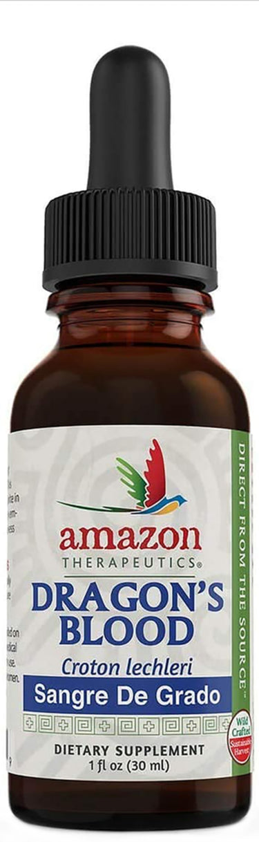 Amazon Therapeutics Dragon's Blood (Croton lechleri, Sangre De Grado) 1 fl oz (30 ml) dietary supplement dropper bottle.