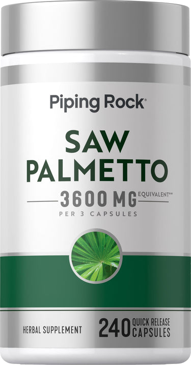 Saw Palmetto 3600 mg equivalent per 3 capsules in a bottle of 240 quick release herbal supplement capsules.