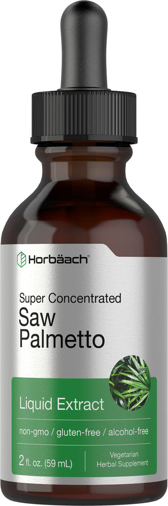 Horbäach Super Concentrated Saw Palmetto Liquid Extract, non-GMO, gluten-free, alcohol-free, 2 fl. oz. (59 mL) bottle.