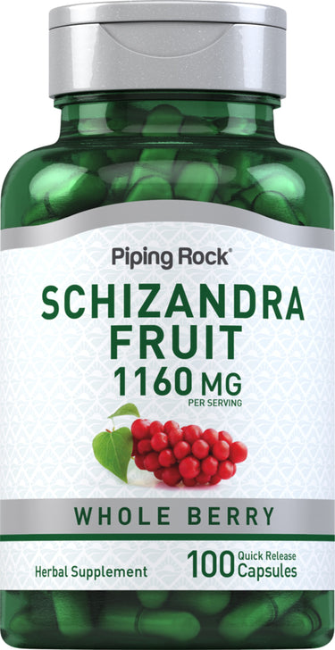 Schizandra fruit herbal supplement with 1160 mg whole berry per serving, 100 quick release capsules.