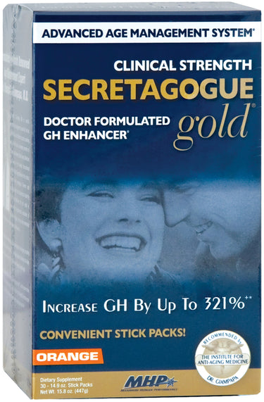 MHP Secretagogue Gold Orange flavor, 30 stick packs, net weight 15.8 oz (447g).