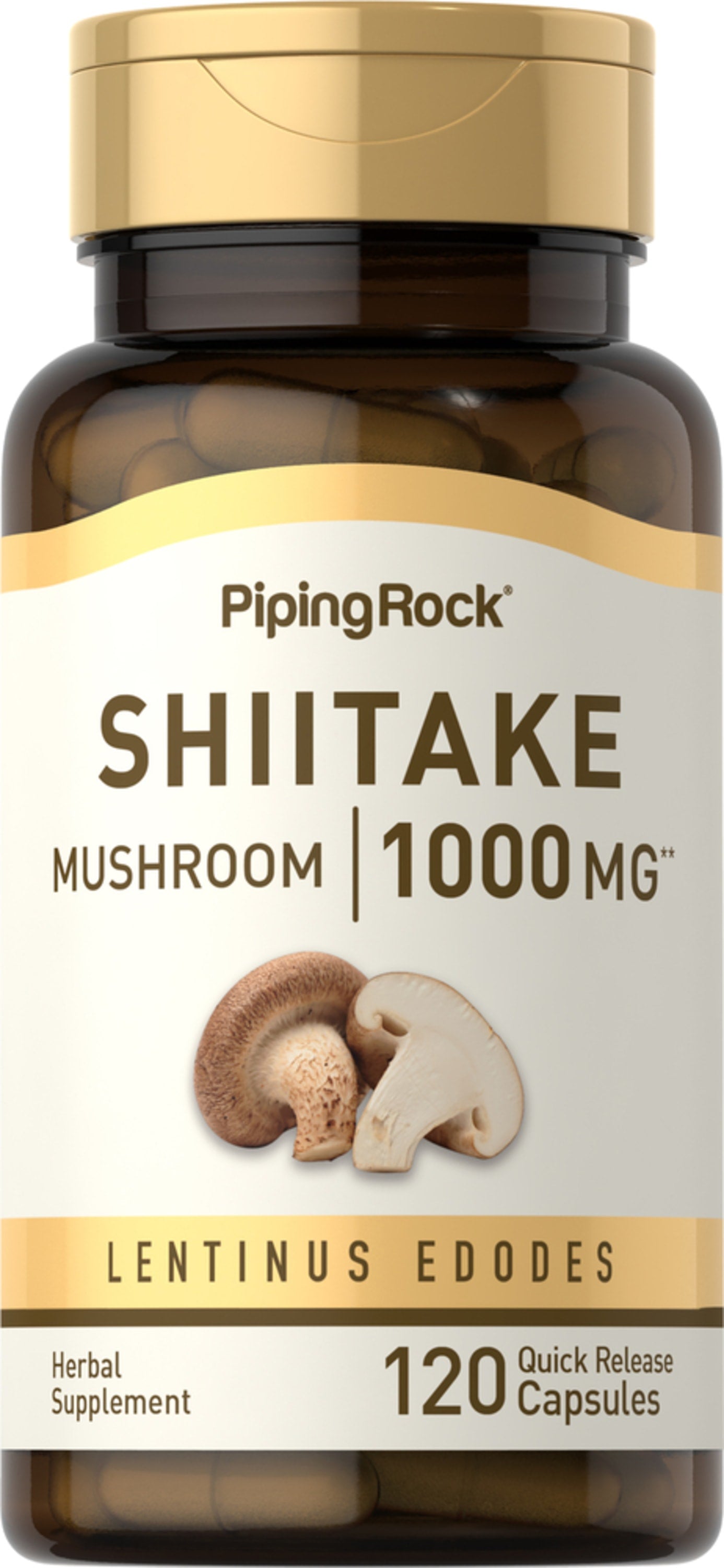 Shiitake Mushroom 1000 MG 120 Quick Release Capsules bottle with two shiitake mushrooms on the label.