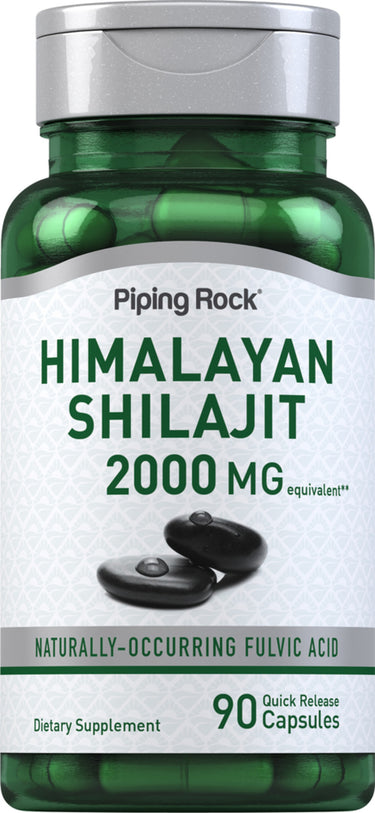 Himalayan Shilajit 2000 mg equivalent capsules, 90 count, with naturally-occurring fulvic acid for quick release.