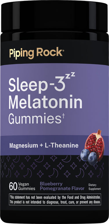 Sleep-3 Melatonin, Magnesium, & L-Theanine Gummies (Blueberry Pomegranate), 60 Vegan Gummies