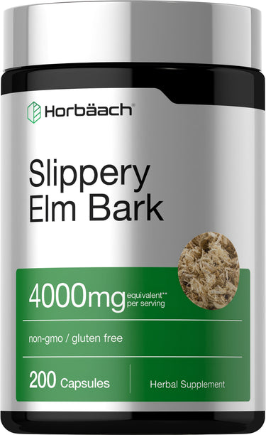 Slippery Elm Bark herbal supplement, 4000mg per serving, non-GMO, gluten-free, 200 capsules in package.