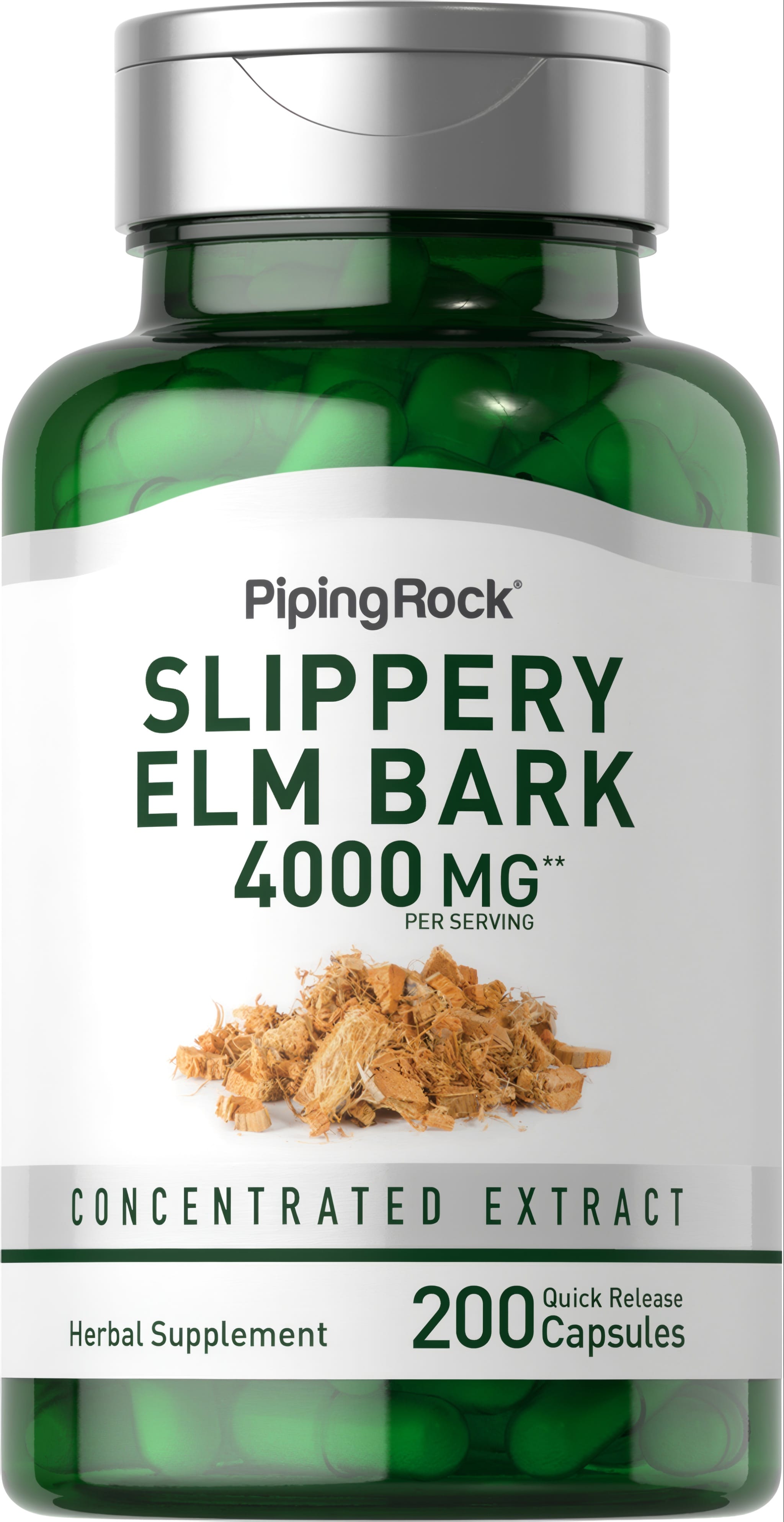 Slippery Elm Bark 4000 mg Concentrated Extract Herbal Supplement in 200 Quick Release Capsules bottle.
