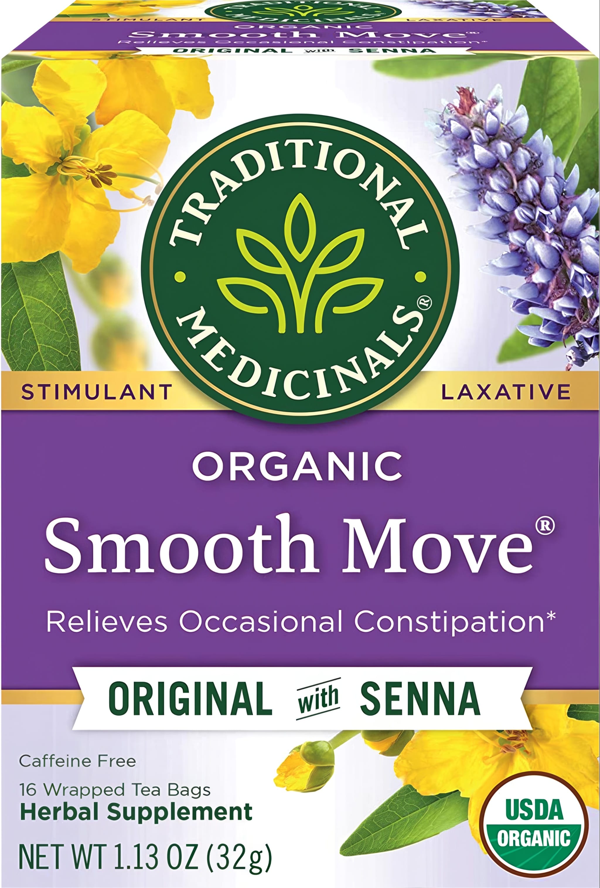 Organic Smooth Move Original tea with Senna, 16 wrapped bags, 1.13 OZ (32g), USDA Organic stimulant laxative.