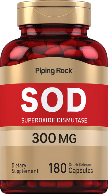 SOD Superoxide Dismutase dietary supplement with 300 MG and 180 quick release capsules.