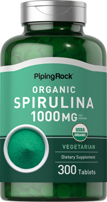 Organic Spirulina supplement with 1000 MG per serving, USDA organic, vegetarian, 300 tablets.