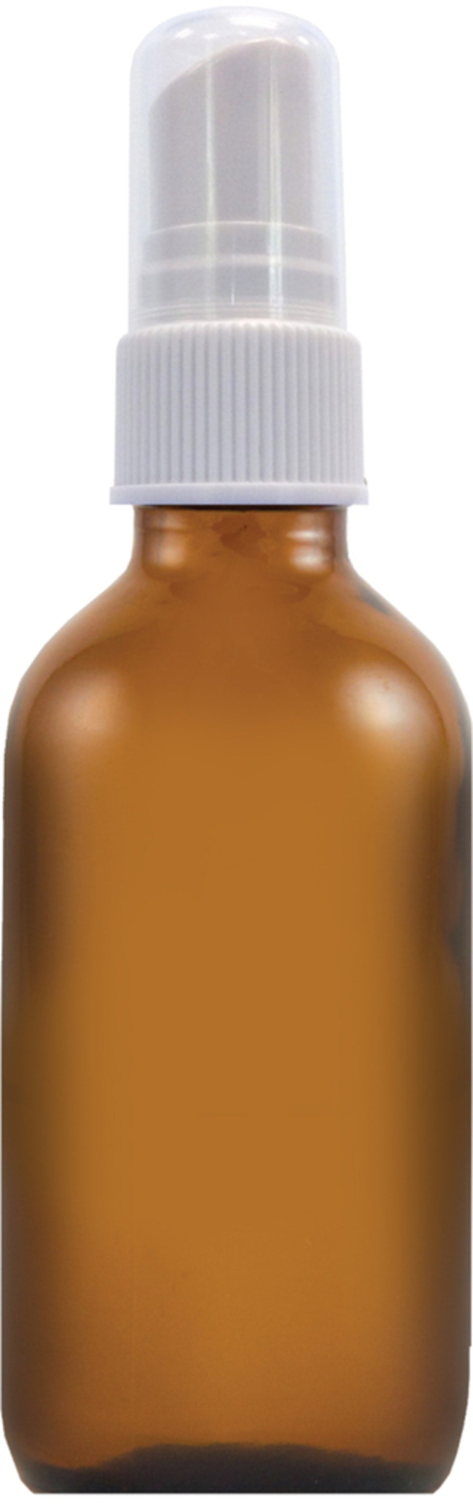 An amber glass spray bottle, 2 oz, featuring a white pump top and clear protective cap.