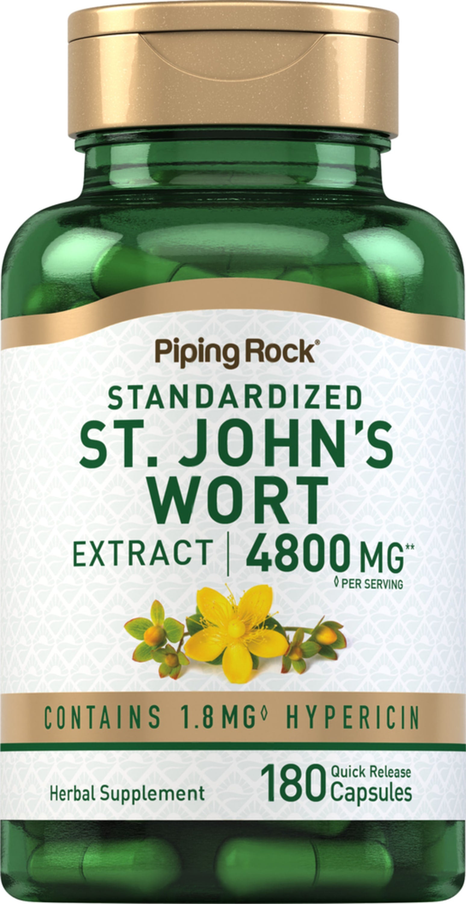 St. John's Wort Extract at 4800 mg per serving, standardized to 1.8 mg Hypericin, in 180 Quick Release Capsules.