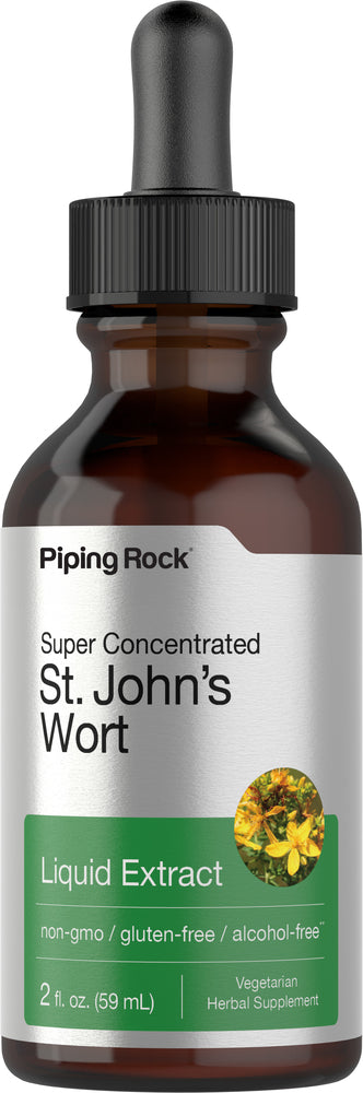 St. John's Wort Liquid Extract, 2 fl. oz. (59 mL), non-GMO, gluten-free, alcohol-free, vegetarian herbal supplement.
