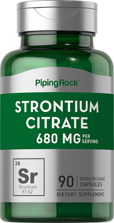 Strontium Citrate 680 mg, 90 quick release capsules in a bottle.
