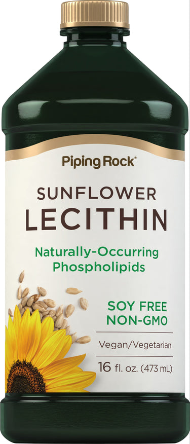Sunflower Lecithin Liquid 16 fl. oz. bottle. Soy-free, non-GMO, vegan. Contains naturally-occurring phospholipids.