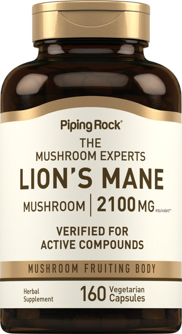 Lion's Mane Mushroom 2100 MG equivalent with 160 vegetarian capsules. Mushroom fruiting body verified for active compounds.