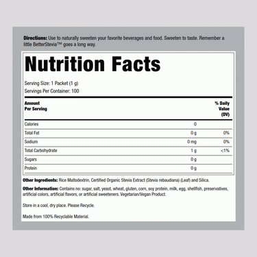 Better Stevia (Original) 100 Packets, 3.5 oz (100 g) Box