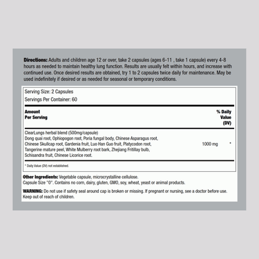 Supplement Facts panel for Ridgecrest Clear Lungs Capsules, showing 120 capsules per bottle.