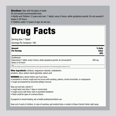 Supplement Facts for Geri-Care Guaifenesin 400mg, 100 tablets, detailed in image.