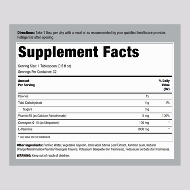 Supplement Facts panel for MRM Liquid CoQ10 with L-Carnitine, 16 fl oz bottle.