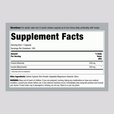 Supplement Facts panel for LN Choline & Inositol 250/250mg, 100 capsules.