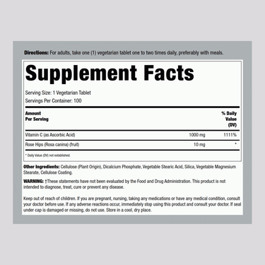 Image of the supplement facts panel for a Vitamin C 1000 mg with Rose Hips, 100 Tablets.