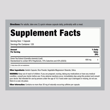 Supplement Facts label for Green Tea Extract 500 mg 'Decaf' 120 Capsules.