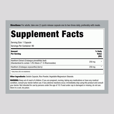 Supplement Facts for Hawthorn Extract, standardized to 300 mg, in a bottle of 90 capsules.