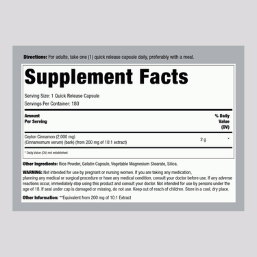Supplement Facts for Ceylon Cinnamon, 600 mg per capsule, 180 total.