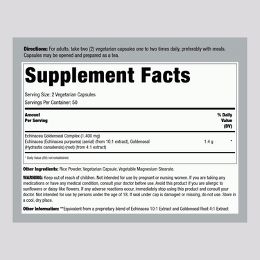 Supplement Facts panel displaying details of Echi & Goldenseal Root 400mg in a bottle of 100 capsules.