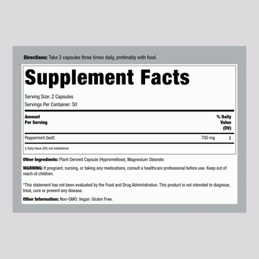 Supplement Facts panel for Nature's Way Peppermint Leaves 300 mg Capsules, 100 count.