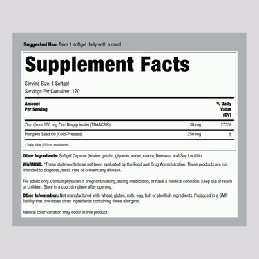 Zinc Glycinate with Pumpkin Seed Oil, 30 mg, 120 Softgels